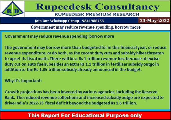 Government may reduce revenue spending, borrow more - Rupeedesk Reports - 23.05.2022