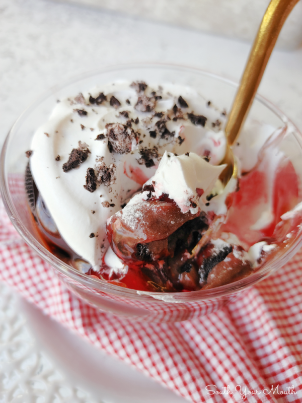 Black Forest Oreo Dessert! A decadent no-bake icebox dessert recipe layered with Oreo cookies, chocolate pudding and cherry pie filling that's super quick and easy to make!