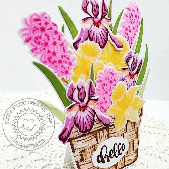 Sunny Studio Stamps: Spring Bouquet Floral Hello Card by Tina (featuring Layered Basket)