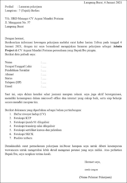 Contoh Surat Lamaran Kerja Untuk Admin Project (Fresh Graduate)