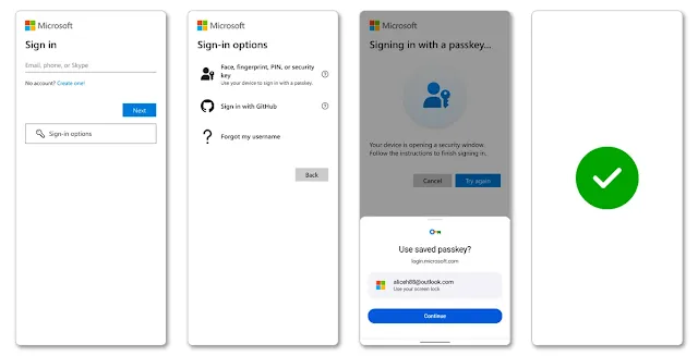 A step-by-step guide on how to  sign in with a Passkey for a Microsoft Account.