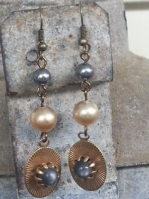 assemblage earrings with upcycled moonstone earrings and vintage pearls