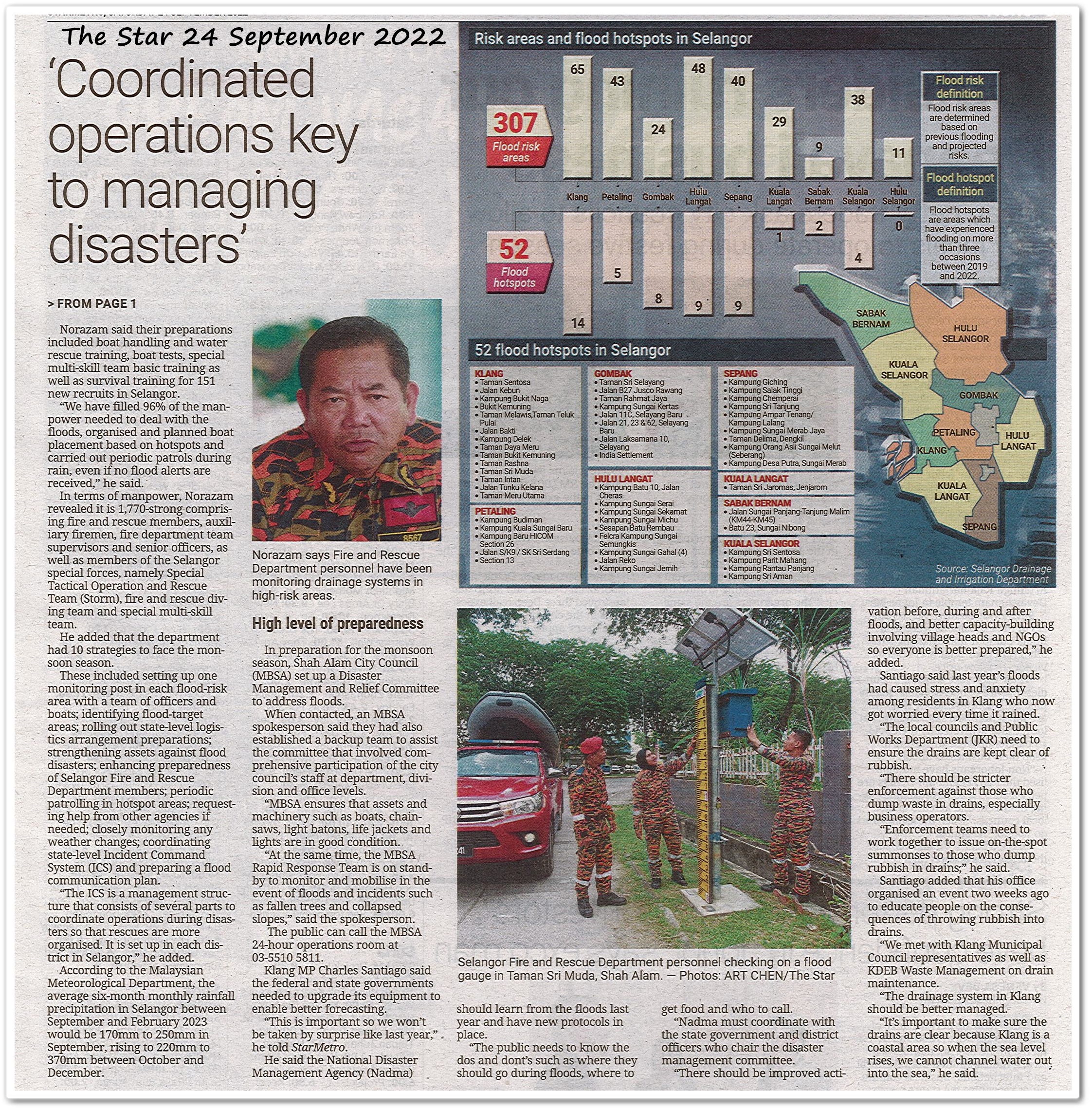 Facing floods full on ; Coordinated operations key to managing disasters ; Don't make us suffer again, say last year's flood victims - Keratan akhbar The Star 24 September 2022