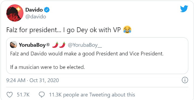 Davido drums support for Falz as President and himself as Vice President