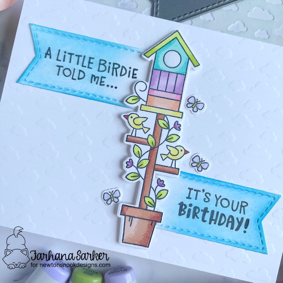 Birdie Birthday Card by Farhana Sarker | Birdhouse Greetings Stamp Set, Petite Clouds Stencil and Frames & Flags Die Set by Newton's Nook Designs #newtonsnook #handmade