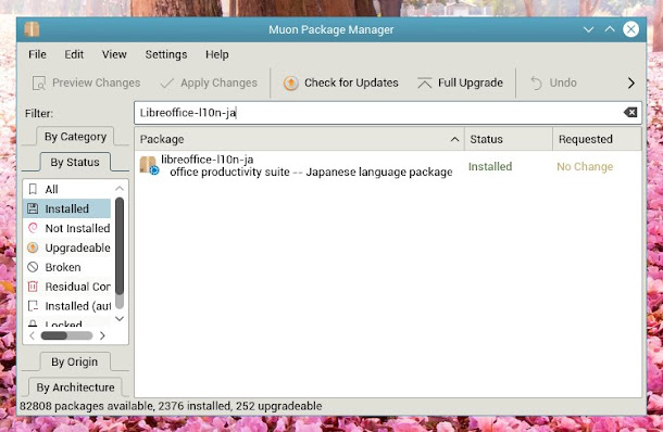 Muonパッケージマネージャーを起動し、LibreOffice-l10n-jaを検索。LibreOfficeを日本語化する方法