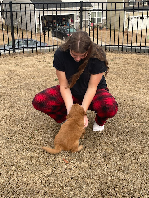 Elizabeth in her red and black flannel pajama bottom and a tshirt crouched down in the backyard petting miles.