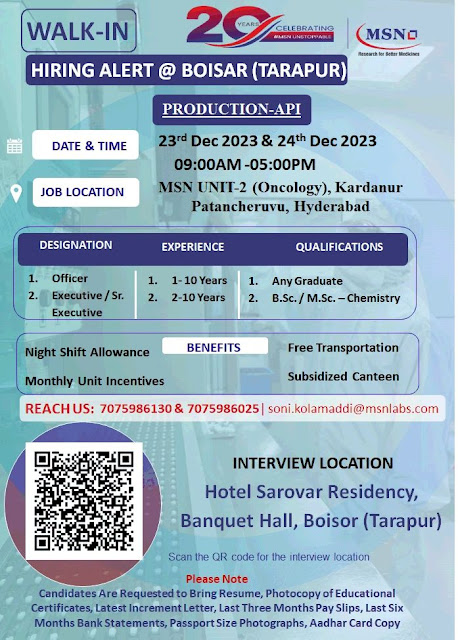 MSN Laboratories Walk in Interview For Production API Department