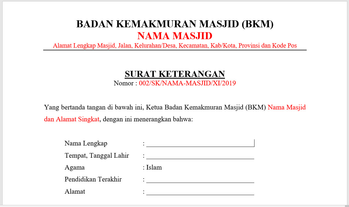 Contoh Surat Keterangan Sebagai Khotib Dan Guru Mengaji Di Masjid Tutup Kurung