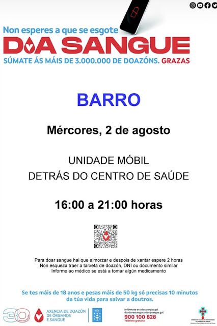 A U.M. de Doazón de Sangue estará en Barro o Mércores 2 de Agosto das 16.00 a 21.00 horas