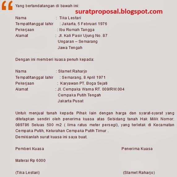 Contoh Surat Kuasa Menjual Tanah