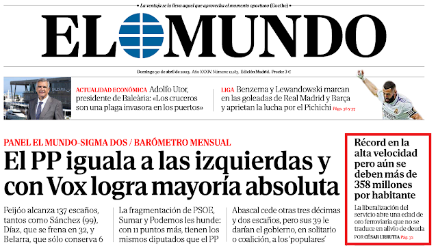 Portada incluye titular que dice "Récord en la alta velocidad pero aún se deben más de 358 millones por habitante"