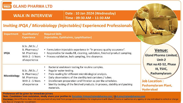 Gland Pharma Walk in Interview For IPQA and Microbiology Department