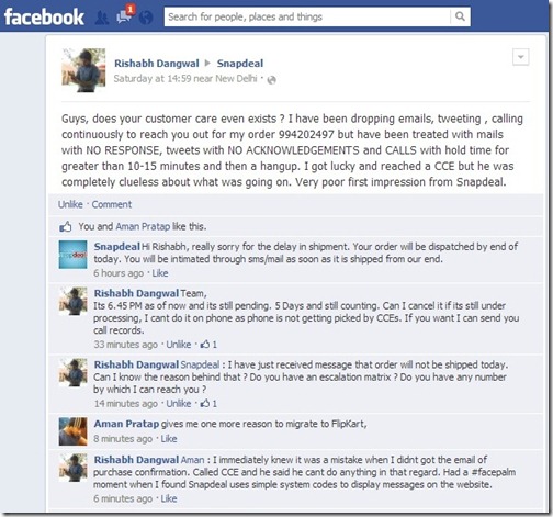 Snapdeal facebook response