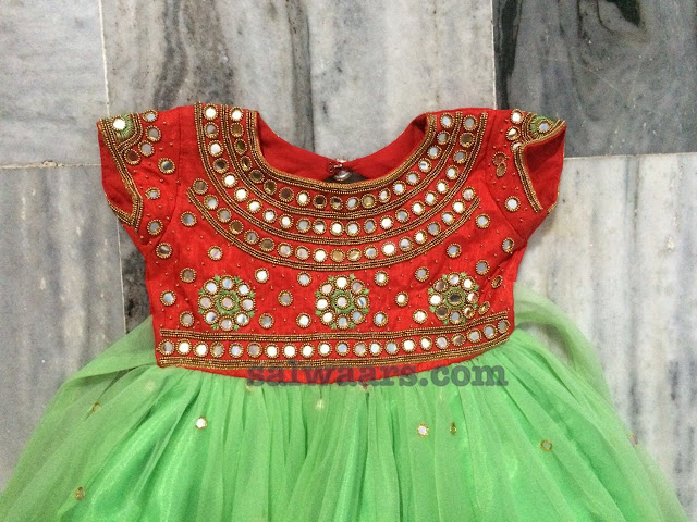 Green Red Mirror Work Frock for Kids