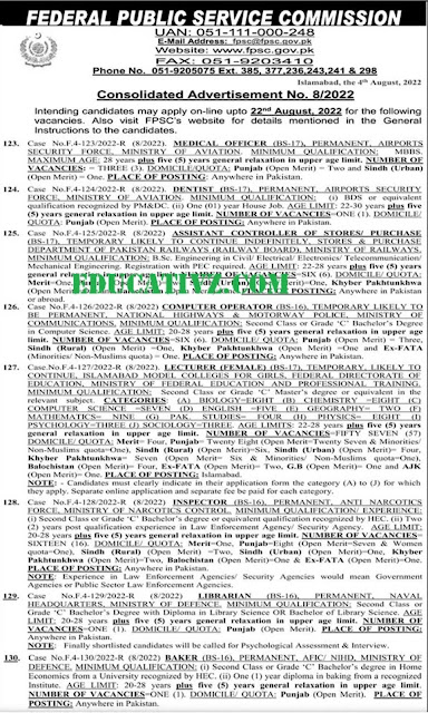 FPSC Consolidated Advt.08 | Lecturer, Inspector ANF August 2022