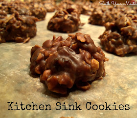 Kitchen Sink Cookies {No-Bakes!} Oatmeal cookies with peanut butter, cocoa, raisins, nuts and coconut.
