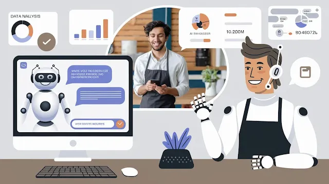 Graphic illustrating a small business owner utilizing AI and chatbots to enhance customer service and satisfaction in 2024.