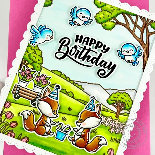 Sunny Studio Stamps: Majestic Meadow Birthday Card by Hanh Nguyen (featuring Foxy Friends, Little Birdie, Fancy Frame Dies, Stitched Rectangle Dies)