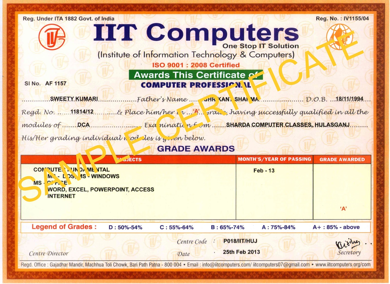 Sharda Computer Classes: Sample Certificate