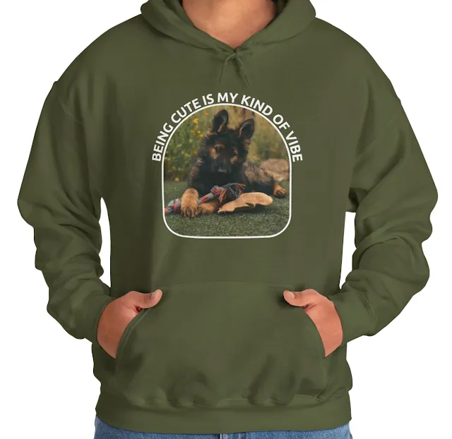 A Hoodie With European Black Sable, Plush Coated German Shepherd Puppy and Caption Being Cute is My Kind of Vibe