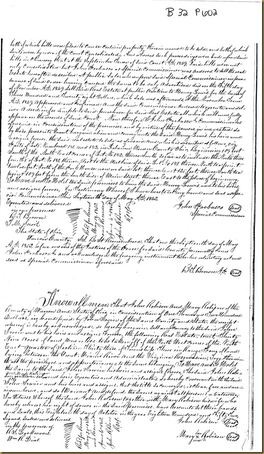 John Robison and Mary Robison of Warren Co, OH convey land to John Irwin 1852