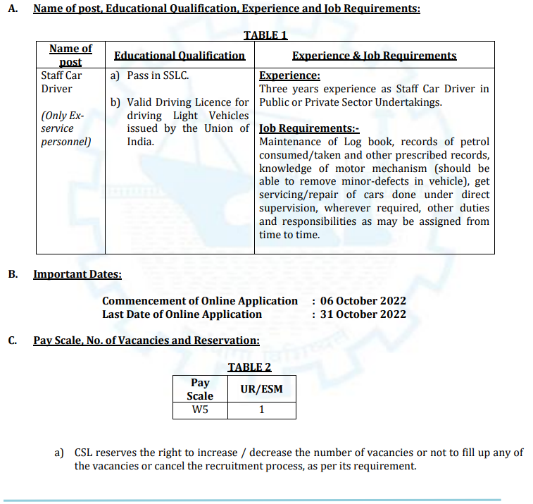 Cochin Shipyard Limited Recruitment 2022 │ Staff Car Driver vacancy.