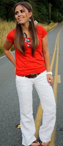  outfit  post red  t  shirt  white jeans teal necklace 