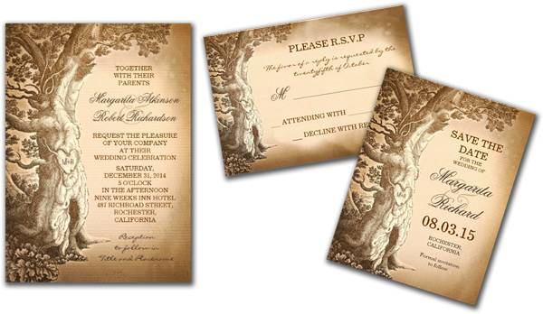 Vintage Tree Old Rustic Wedding Invitations