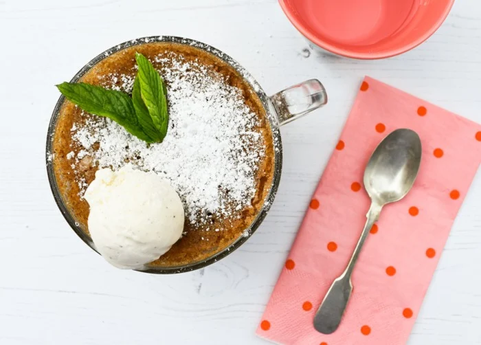 Gingerbread mug cake topped with vegan vanilla ice cream