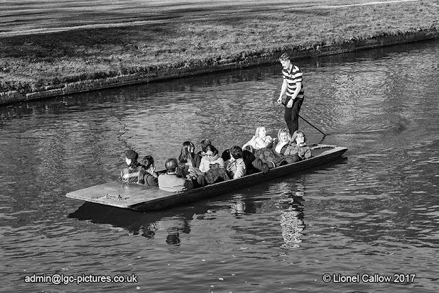 Punting on the river Cam in black and white