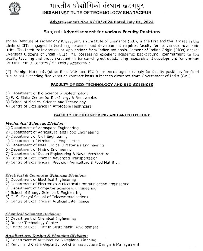 IIT Kharagpur Bioscience/Biotech Faculty Jobs 2024