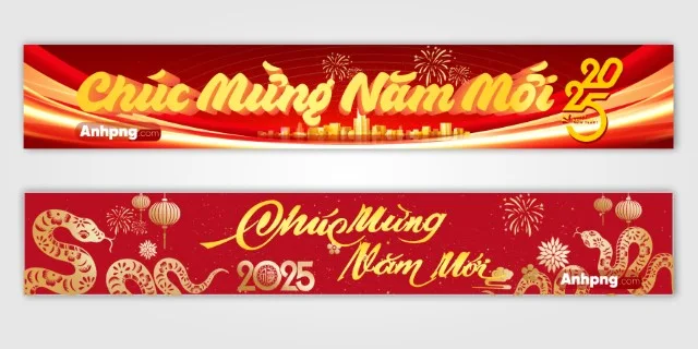 Băng rôn cờ phướn Tết 2025 với thiết kế rắn vàng và chữ Chúc Mừng Năm Mới rực rỡ