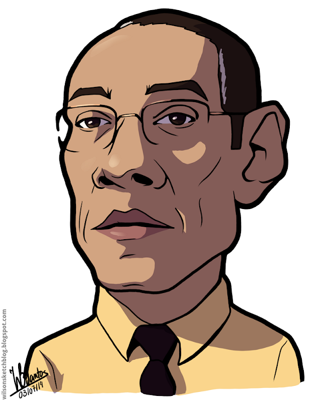 Cartoon caricature of Giancarlo Esposito as Gus Fring from Breaking Bad.