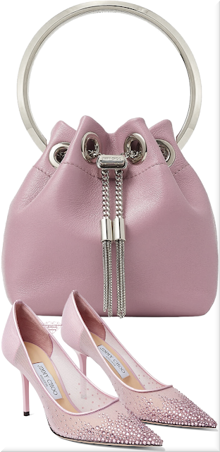 ♦Jimmy Choo pink micro Bon Bon bag & light wisteria Love 85 mesh pointed-toe pumps with dégradé crystals #jimmychoo #bags #shoes #pink #brilliantluxury