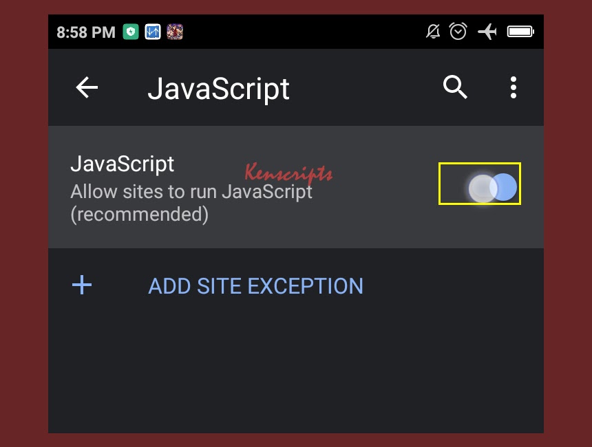 Disable javascript chrome android