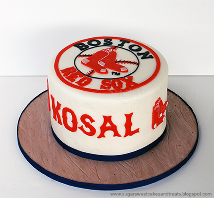Boston Red Sox Cake with fondant logo and wood grain board