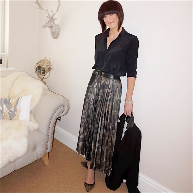 My Midlife Fashion, Zara silk shirt, j crew rhodes blazer, boden studded pointed flat, bella jane stacking bracelets, asos satin camouflage midi pleat skirt