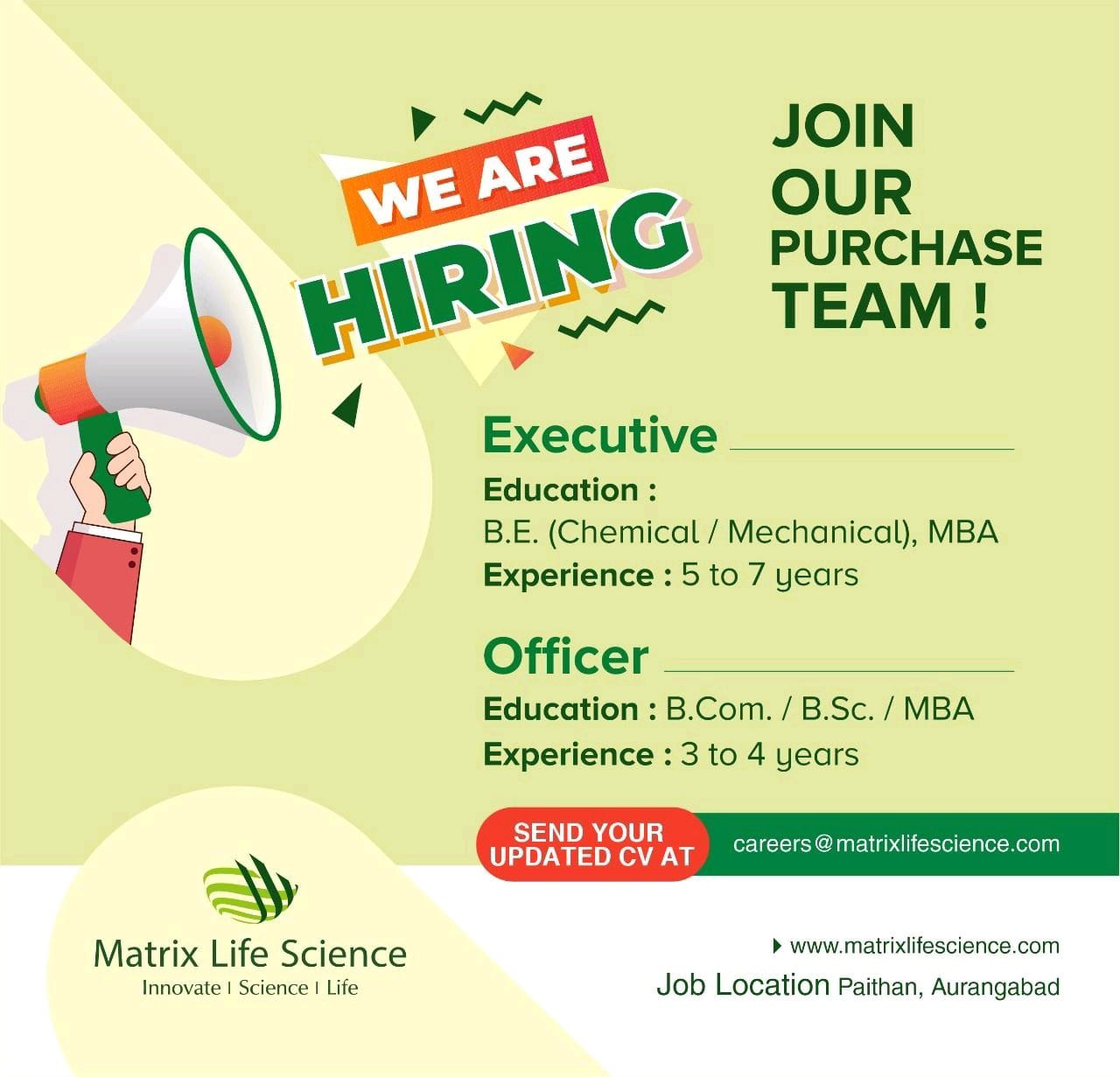 Job Available's for Matrix Life Science Job Vacancy for BE Chemical/ Mechanical/ MBA/ B Com/ BSc