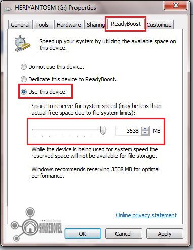 menambah kapasitas memori RAM dengan flashdisk menggunakan tool Ready Boost di Windows 7