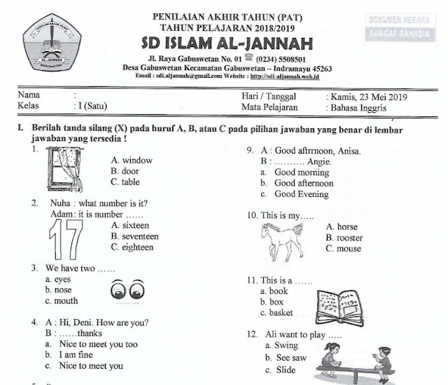 Download Soal Penilaian Akhir Tahun (PAT) Bahasa Inggris Kelas 1 Tahun 2018/2019