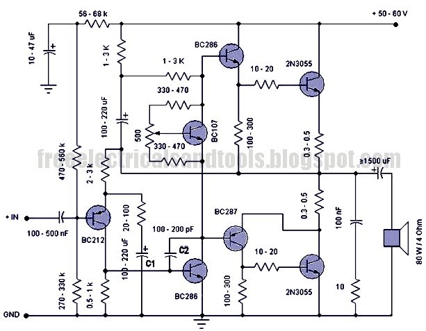 Free Schematic Diagram 50 W Amplifier Circuit Using