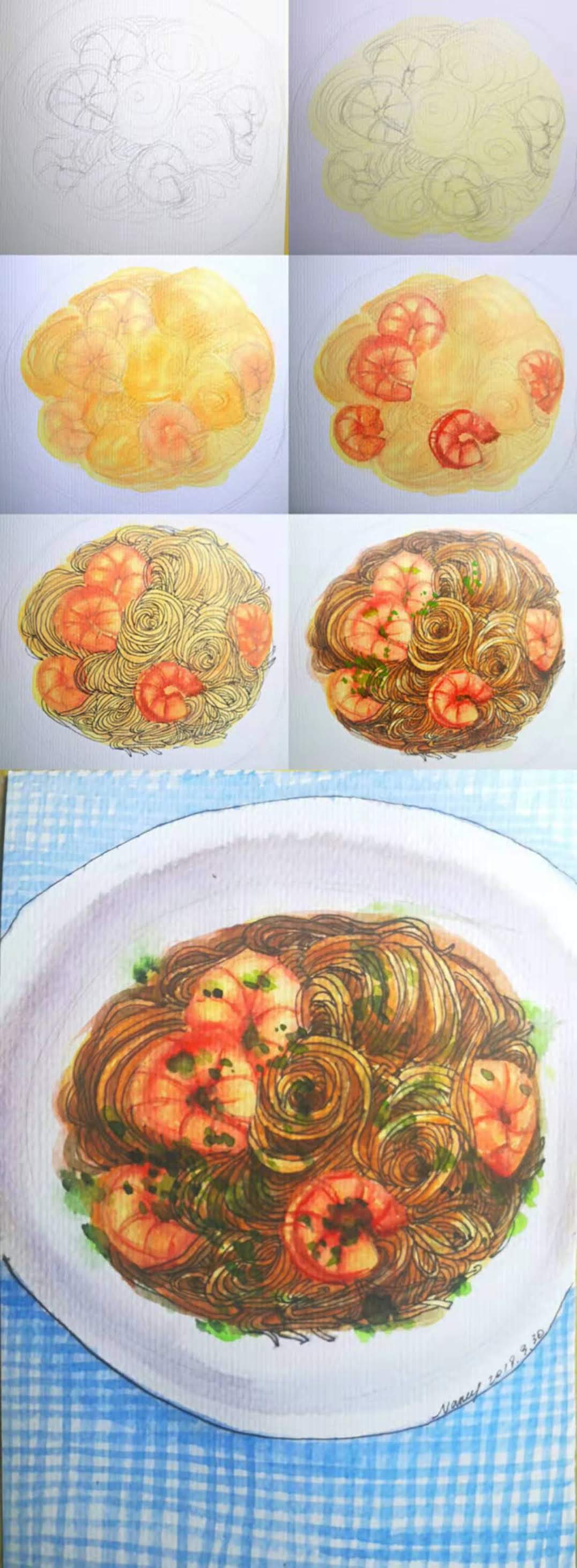 How to draw prawn fried noodles in watercolor step by step tutorial