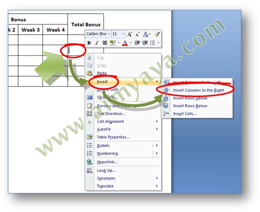 Gambar: Contoh cara menambah kolom tabel dengan menggunakan popup menu di Microsoft Word 2007