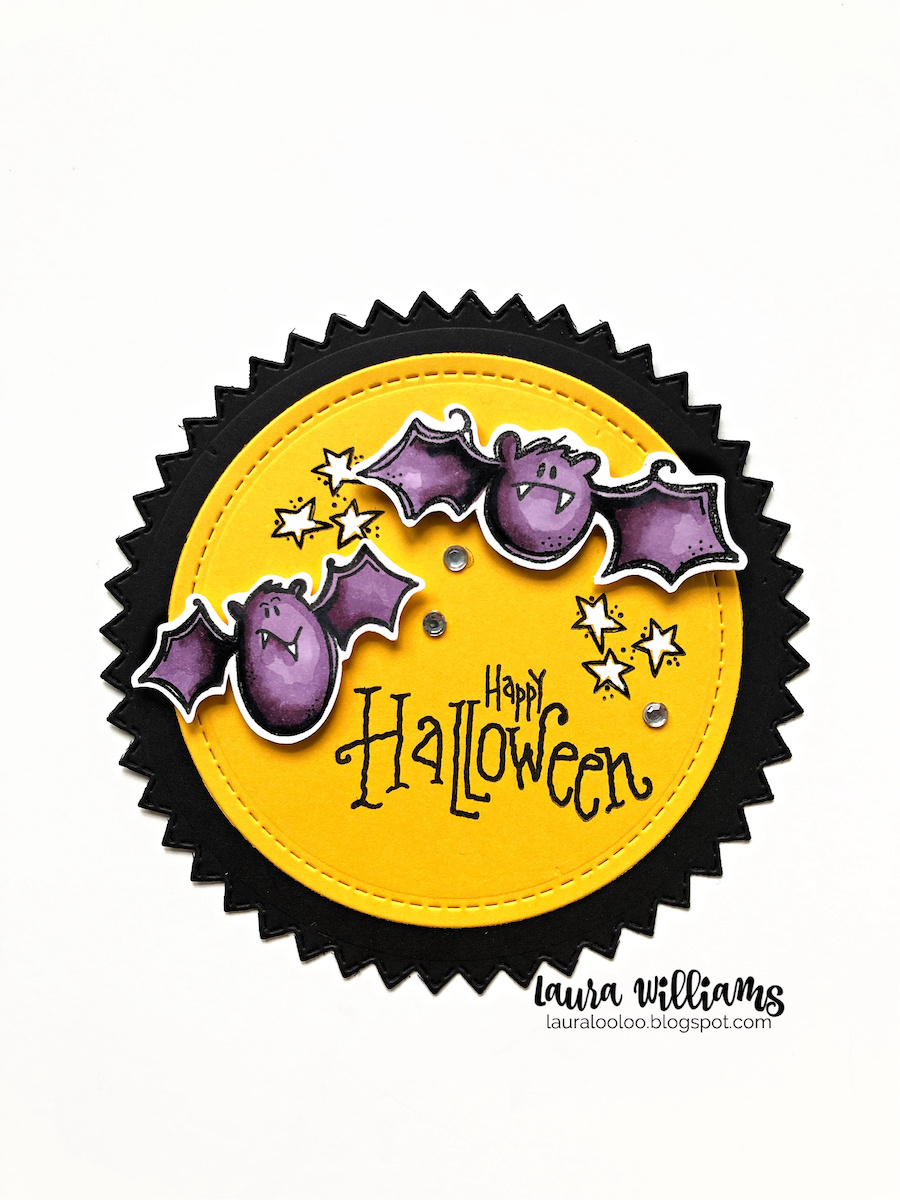 Other than the candy, guess what's my favorite part of the Halloween season? MAKING HALLOWEEN CARDS! When you're a crafter like we are, the seasons start early so we have time to get all our seasonal crafting done  - so believe it or not, it's time to start thinking about fall card making and crafts! Today the Impression Obsession designers are showcasing the August release, and you'll be feeling BATTY over these brand new Halloween goodies (plus so much more!)  I'm always a fan of circle-shaped cards. (Check out my super simple tutorial for creating your own circle cards in any size!) One of my favorite products for adding details on cards is the Gelly Roll Pen from Sakura. (You can find them at Simon Says Stamp, in a variety of thicknesses, but I prefer the Bold Line 10.) I stamped the stars on the yellow layer of this card and then colored them in white white pen.