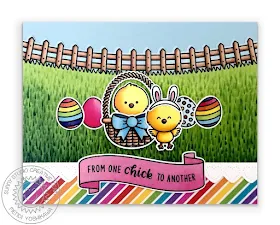Sunny Studio Blog: Easter Eggs with Basket & Chicks Handmade Card (using Chickie Baby, Spring Scenes & Banner Basics Stamps with Rainbow Bright 6x6 Paper)