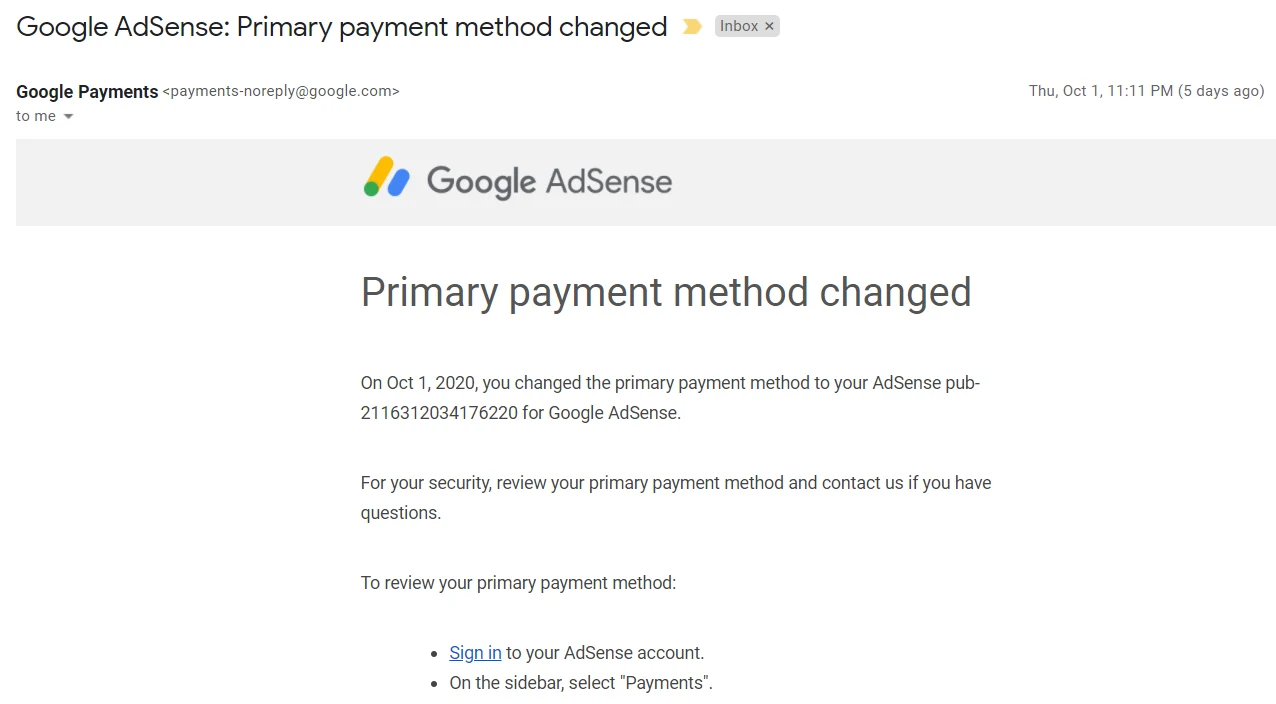 Google AdSense: Primary payment method changed