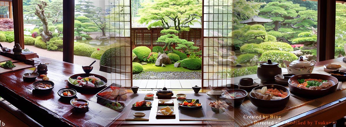 Bing作「日本庭園を背景にした品の良い日本料理」の印象画像