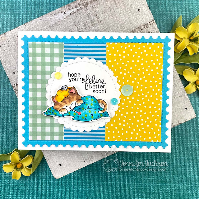 Get Well Kitty Cards by Jennifer Jackson | Newton's Sick Day Stamp Set, Framework Die Set, Circle Frames Die Set and Paper Pads by Newton's Nook Designs #newtonsnook #handmade