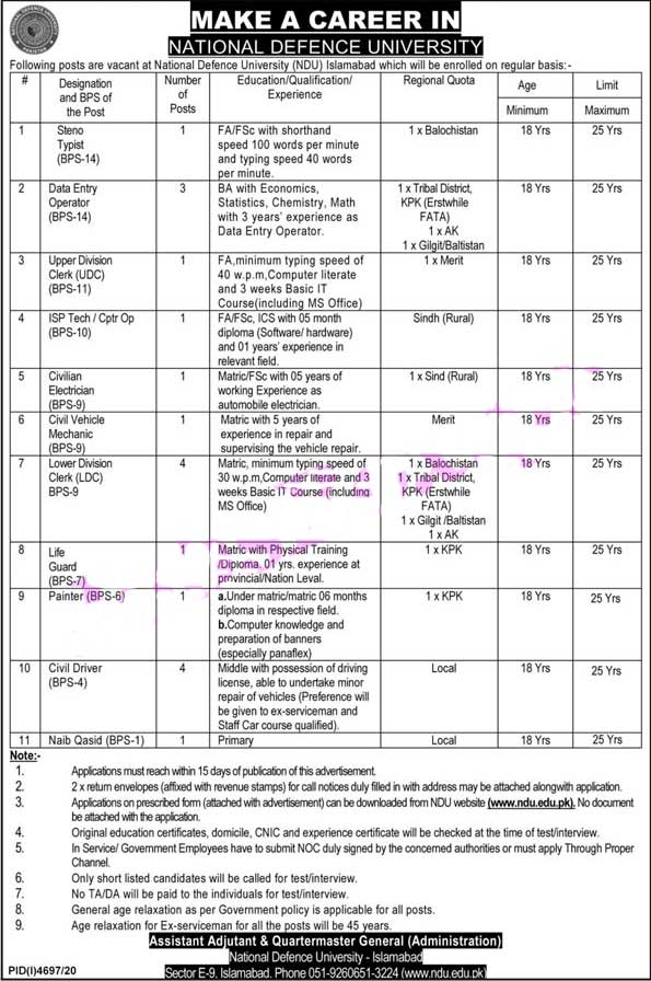 National Defence University NDU Jobs 2021 Islamabad Latest Advertisement - Application Form Download - NDU Job Vacancies - www.ndu.edu.pk Jobs